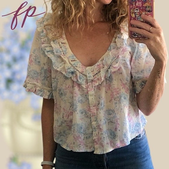 NWT FREE PEOPLE Unreal Love Floral Print Ruffle Collar Short Sleeve Cotton Top - Picture 7 of 10